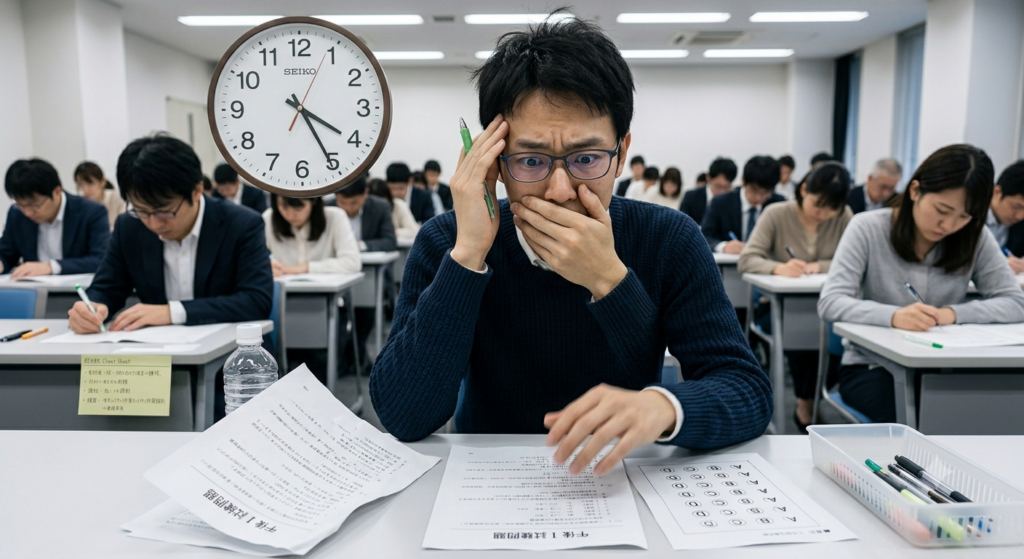試験中に時間が足りずパニックになる男性