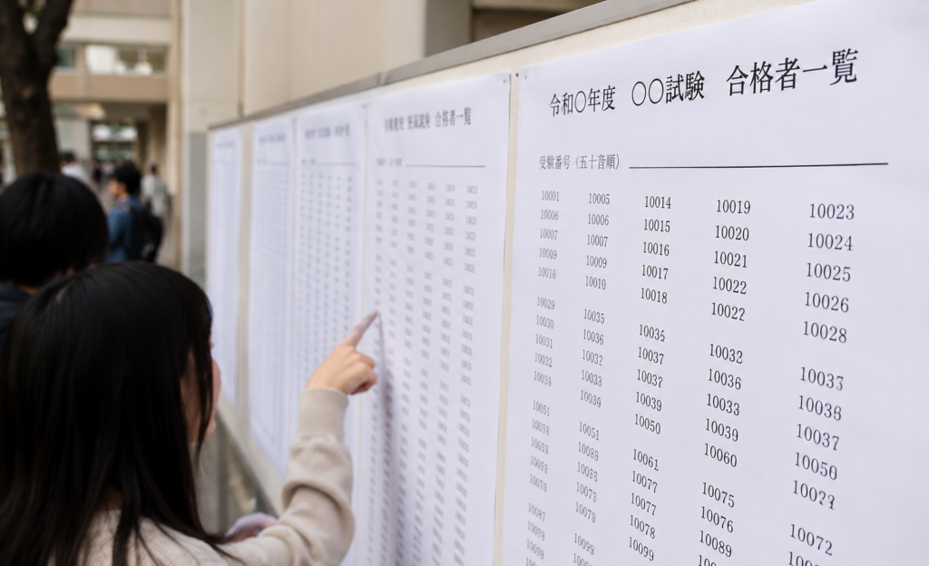 掲示板に合格者一覧が貼り出されている