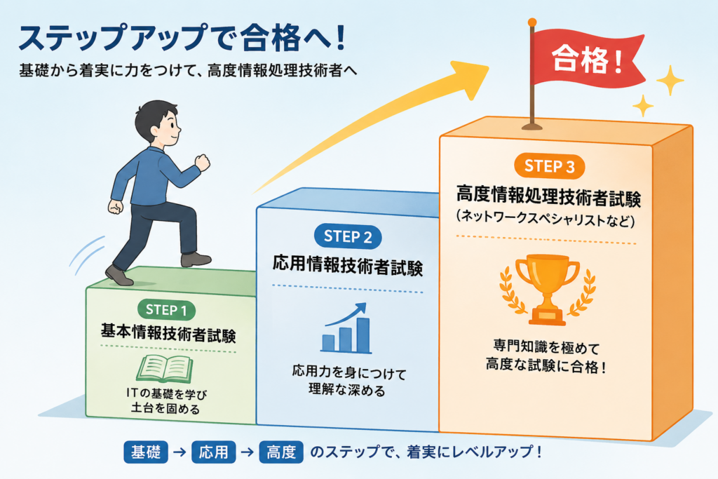 基本情報、応用情報、高度試験の順にステップアップする